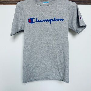 CHAMPION - Vintage Heather Gray Tee with Blue Logo and embroidery, size XS